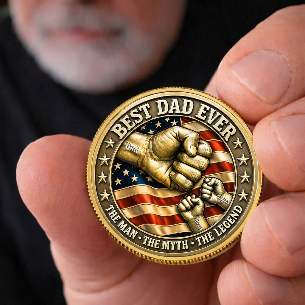 Father's Day Gifts, Best Dad Ever Fist Bumps With Kids' Names - Personalized Coin