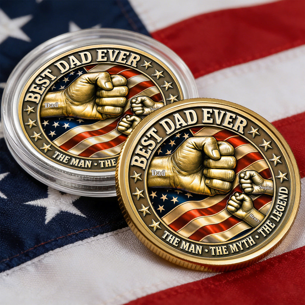 Father's Day Gifts, Best Dad Ever Fist Bumps With Kids' Names - Personalized Coin