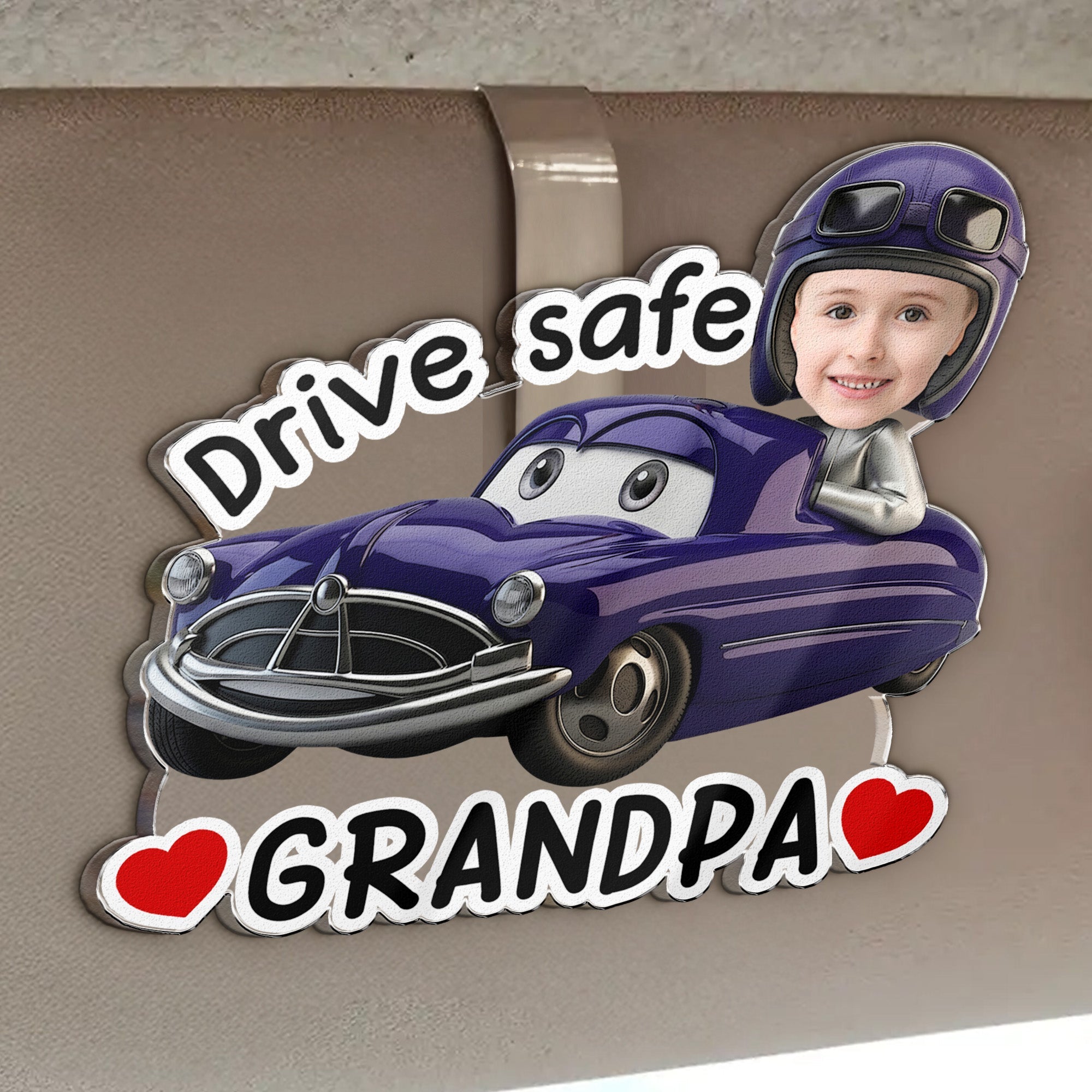 Father's Day Gifts, Drive Safe, Daddy, Papa, Mommy, Grandma - Custom Kids' Face Racing Cars - Personalized Car Visor Clip