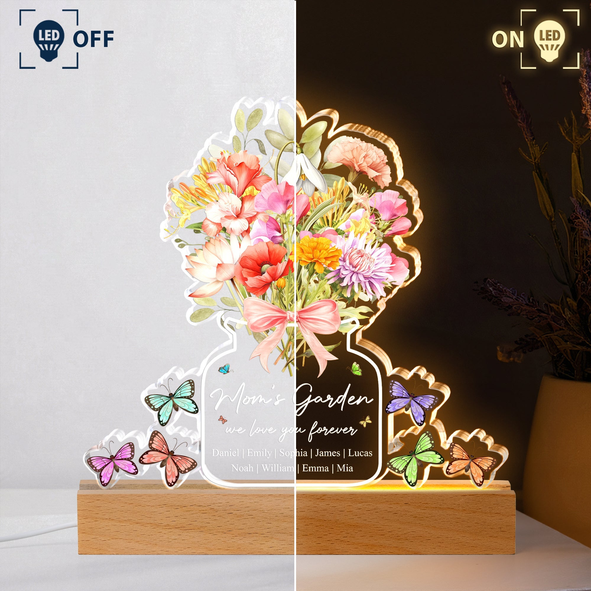 Mother's Day Gifts, Family Birth Flower Bouquet Flowers Gift For Mom, Grandma, Family - Personalized Night Light