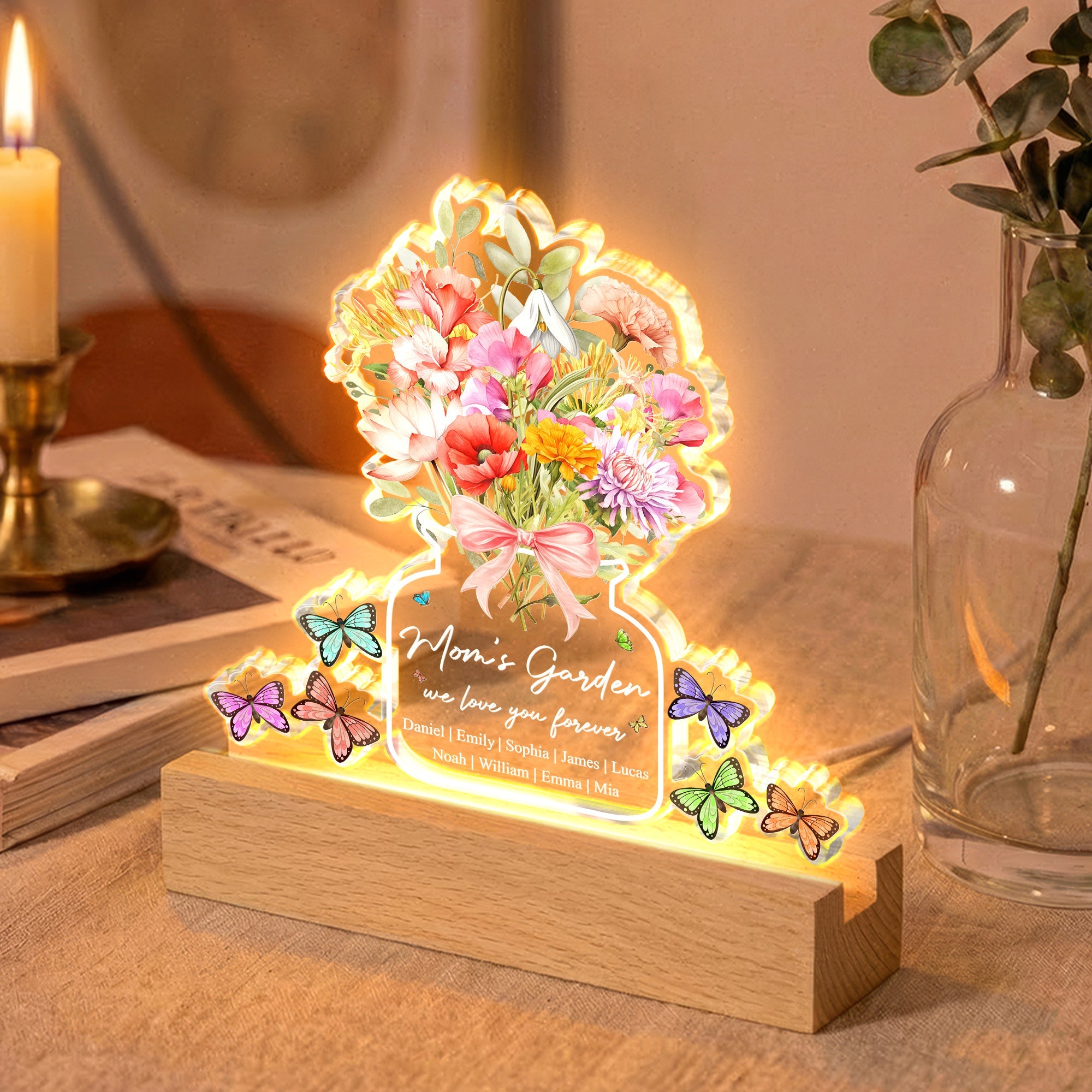Mother's Day Gifts, Family Birth Flower Bouquet Flowers Gift For Mom, Grandma, Family - Personalized Night Light