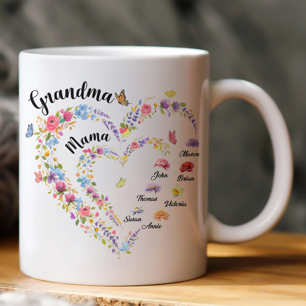 Mother's Day Gifts, First Mom Now Grandma Heart Flower With Kids' Names & Birth Flower - Personalized Mug