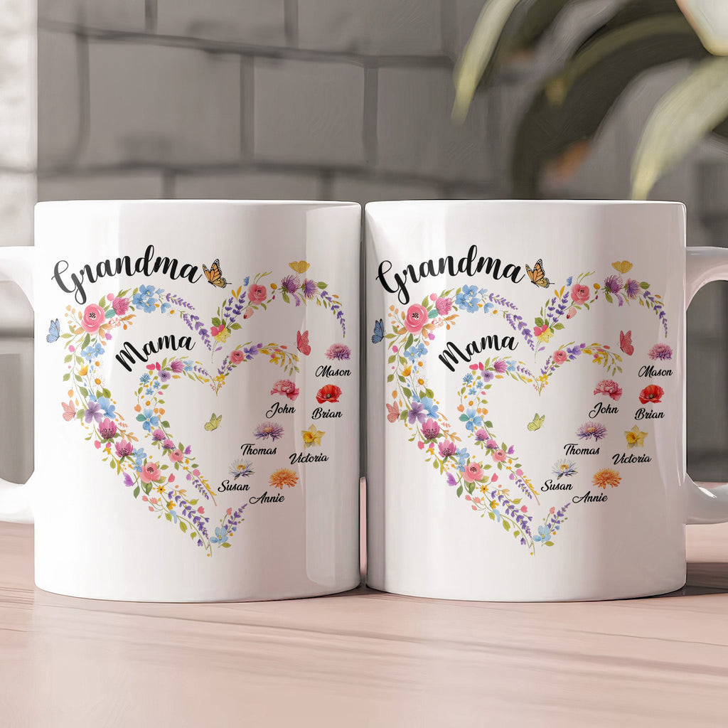 Mother's Day Gifts, First Mom Now Grandma Heart Flower With Kids' Names & Birth Flower - Personalized Mug