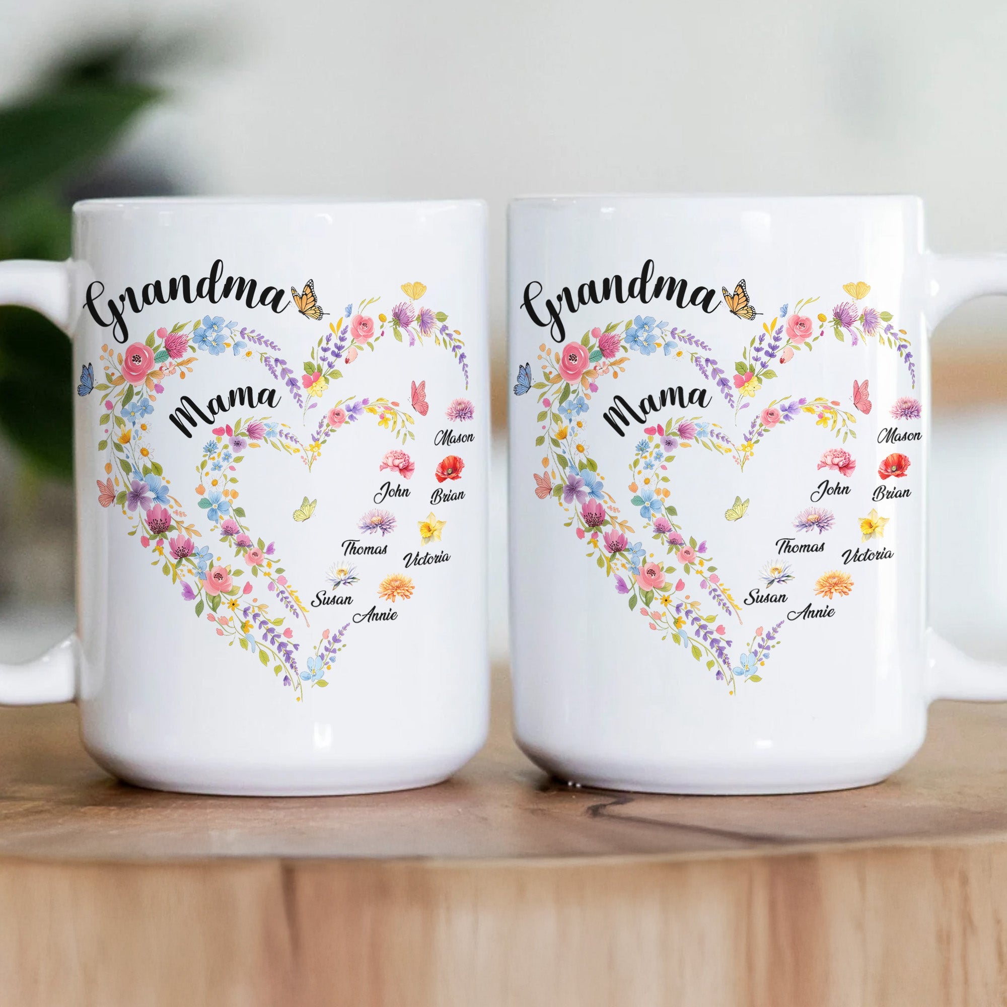 Mother's Day Gifts, First Mom Now Grandma Heart Flower With Kids' Names & Birth Flower - Personalized Mug