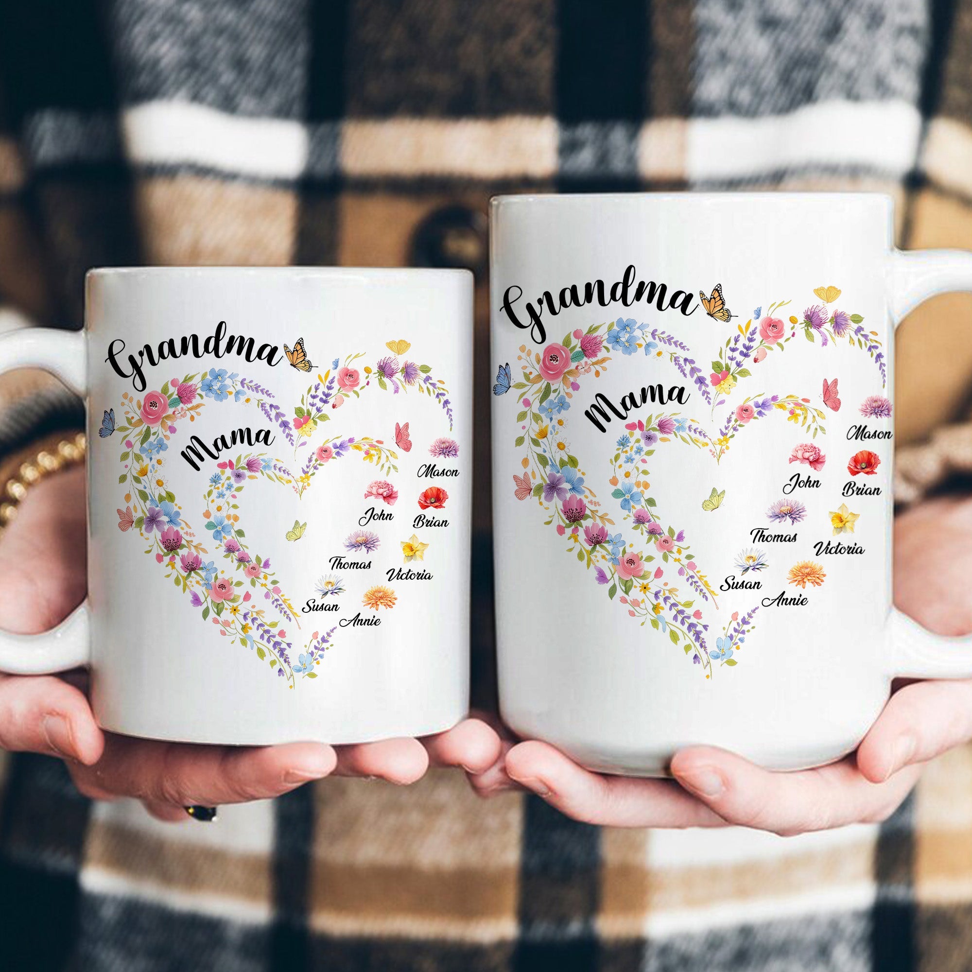 Mother's Day Gifts, First Mom Now Grandma Heart Flower With Kids' Names & Birth Flower - Personalized Mug