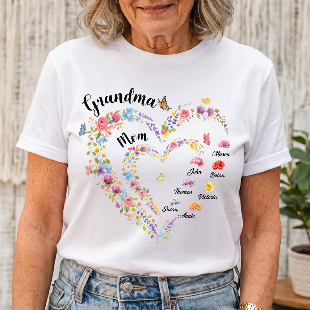 Mother's Day Gifts, First Mom Now Grandma Heart Flower With Kids' Names & Birth Flower - Personalized Shirt