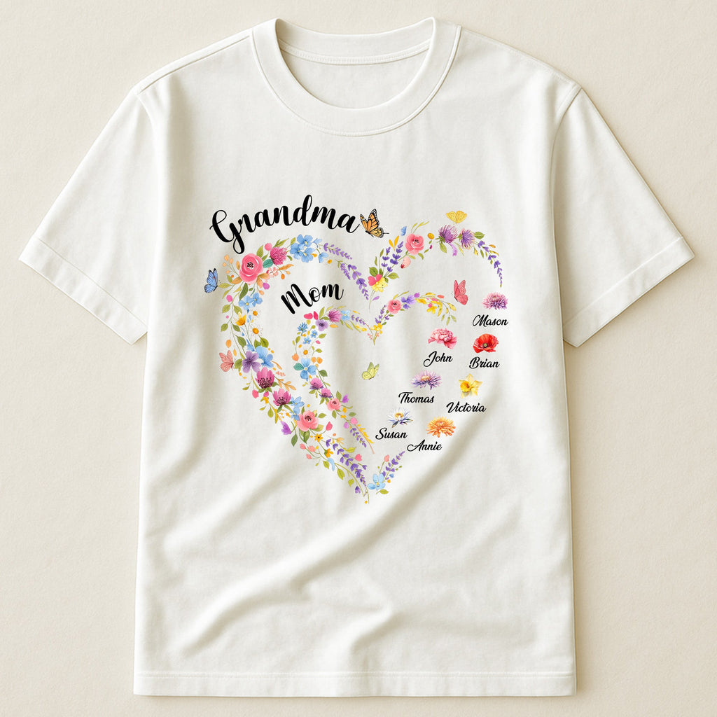 Mother's Day Gifts, First Mom Now Grandma Heart Flower With Kids' Names & Birth Flower - Personalized Shirt