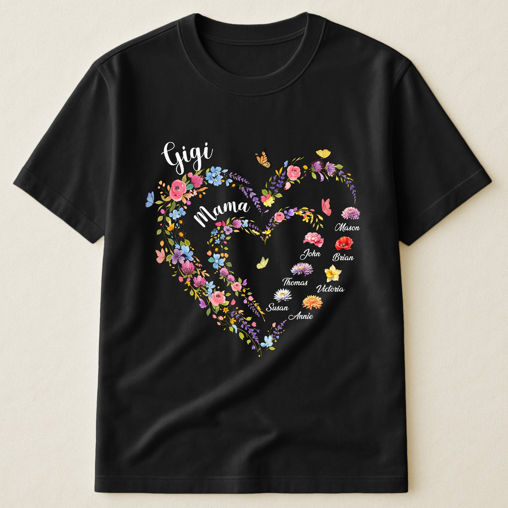 Mother's Day Gifts, First Mom Now Grandma Heart Flower With Kids' Names & Birth Flower - Personalized Shirt