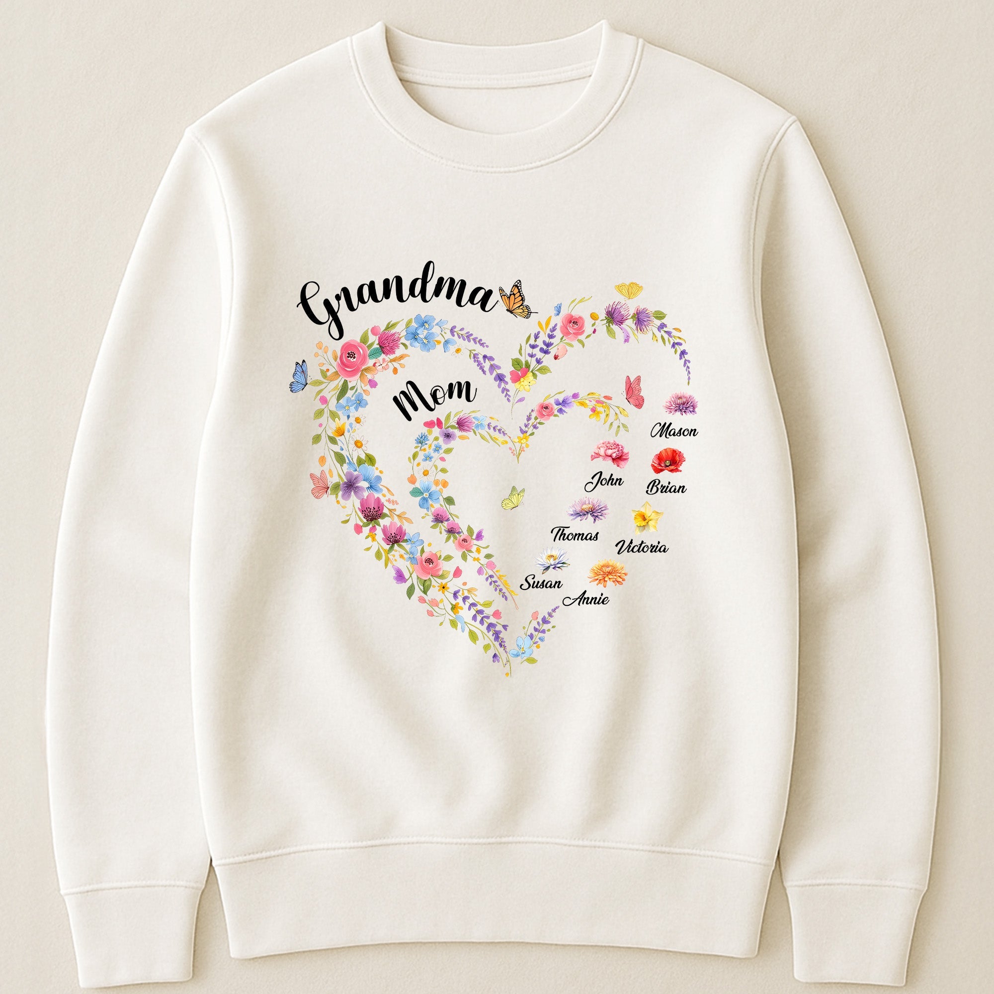 Mother's Day Gifts, First Mom Now Grandma Heart Flower With Kids' Names & Birth Flower - Personalized Shirt