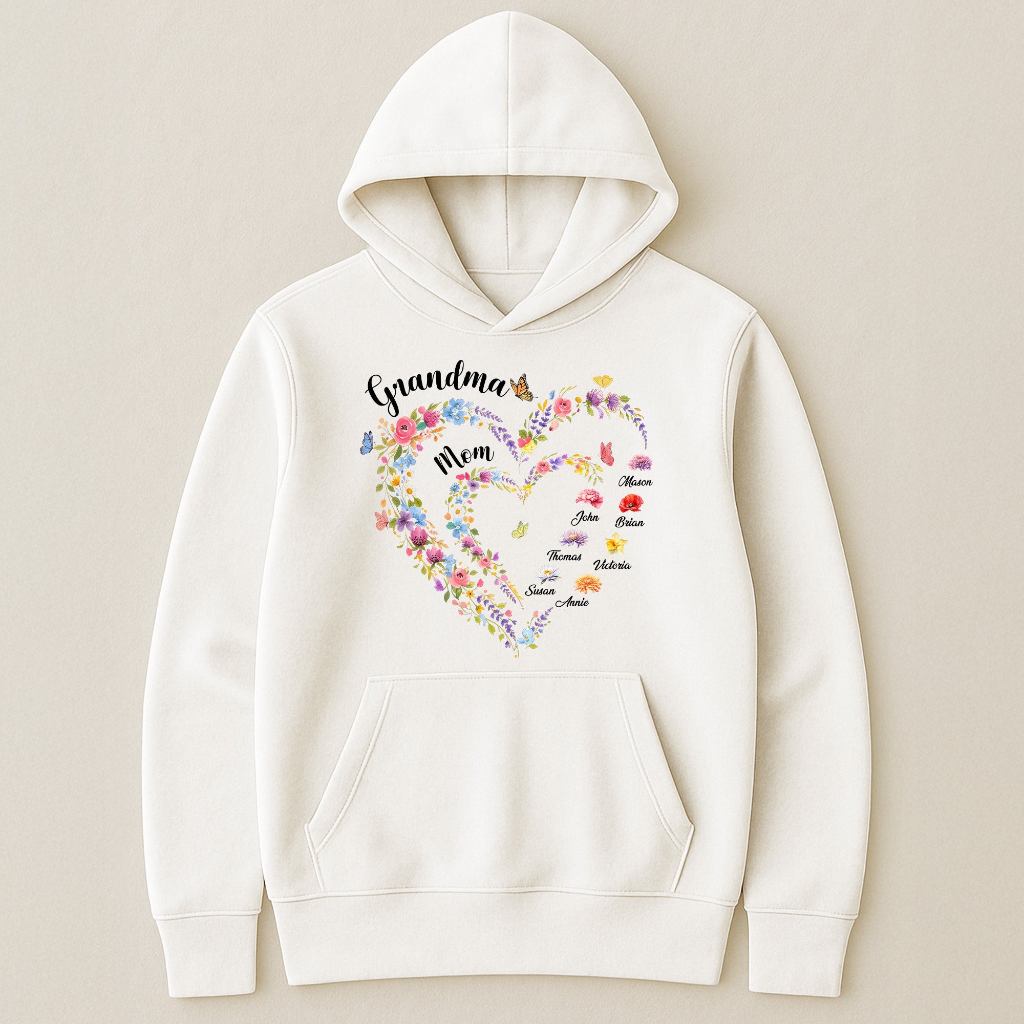 Mother's Day Gifts, First Mom Now Grandma Heart Flower With Kids' Names & Birth Flower - Personalized Shirt