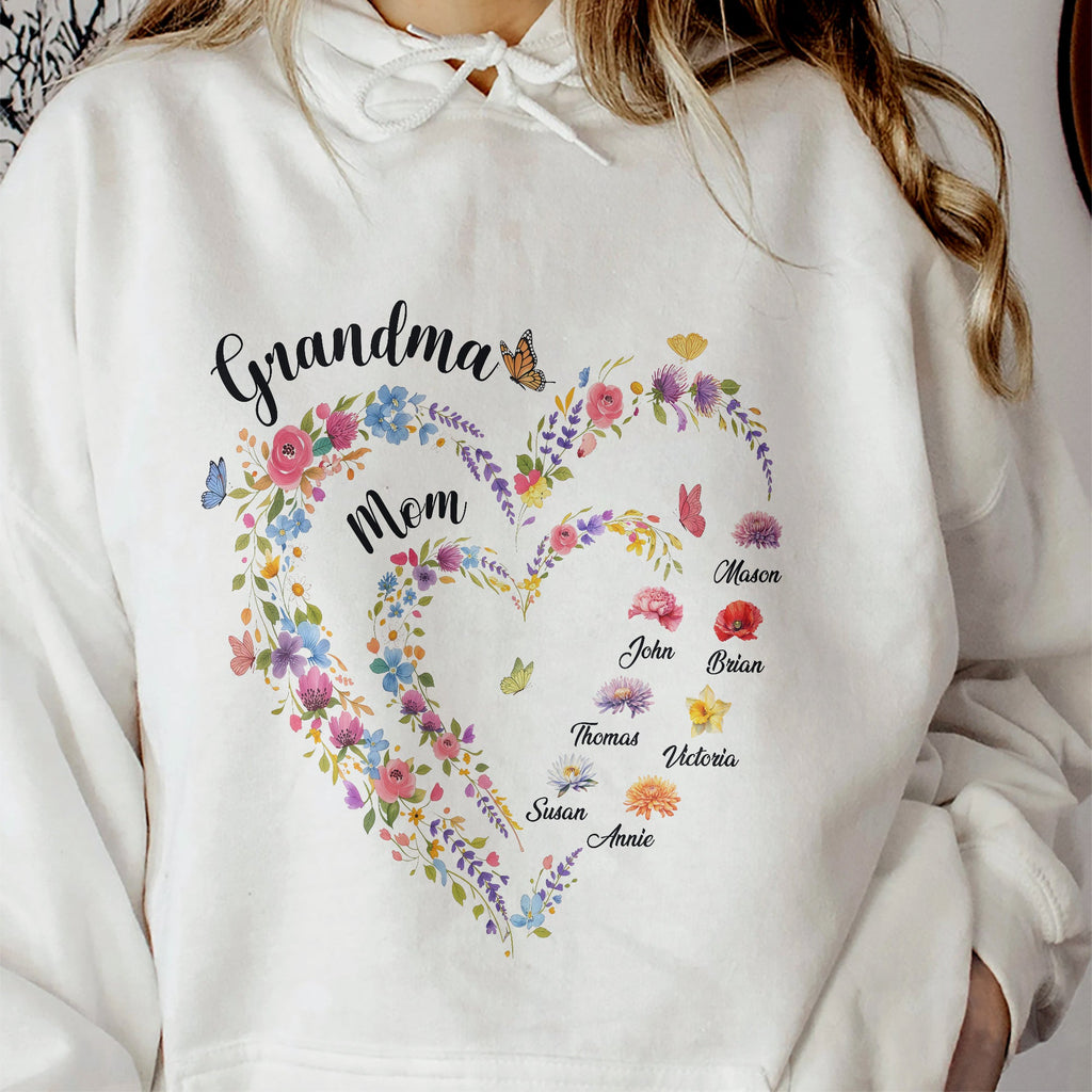 Mother's Day Gifts, First Mom Now Grandma Heart Flower With Kids' Names & Birth Flower - Personalized Shirt