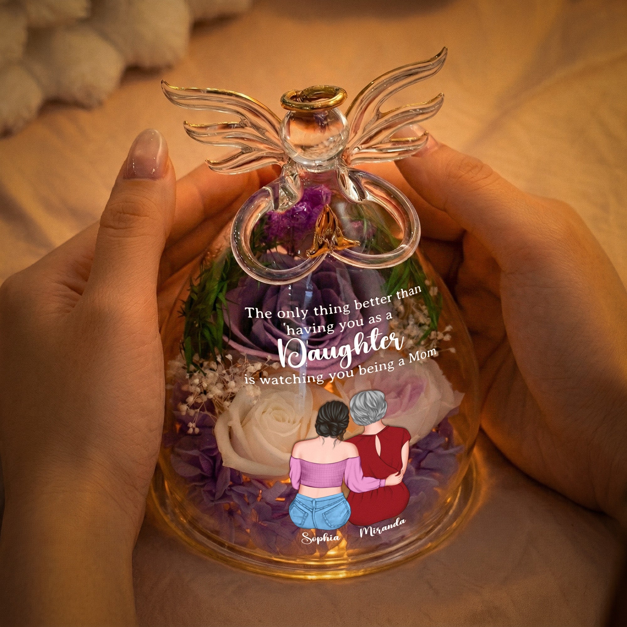 Mother's Day Gifts, Gift For Daughter Gift For New Mom - Personalized Flower In Glass Angel Figurines