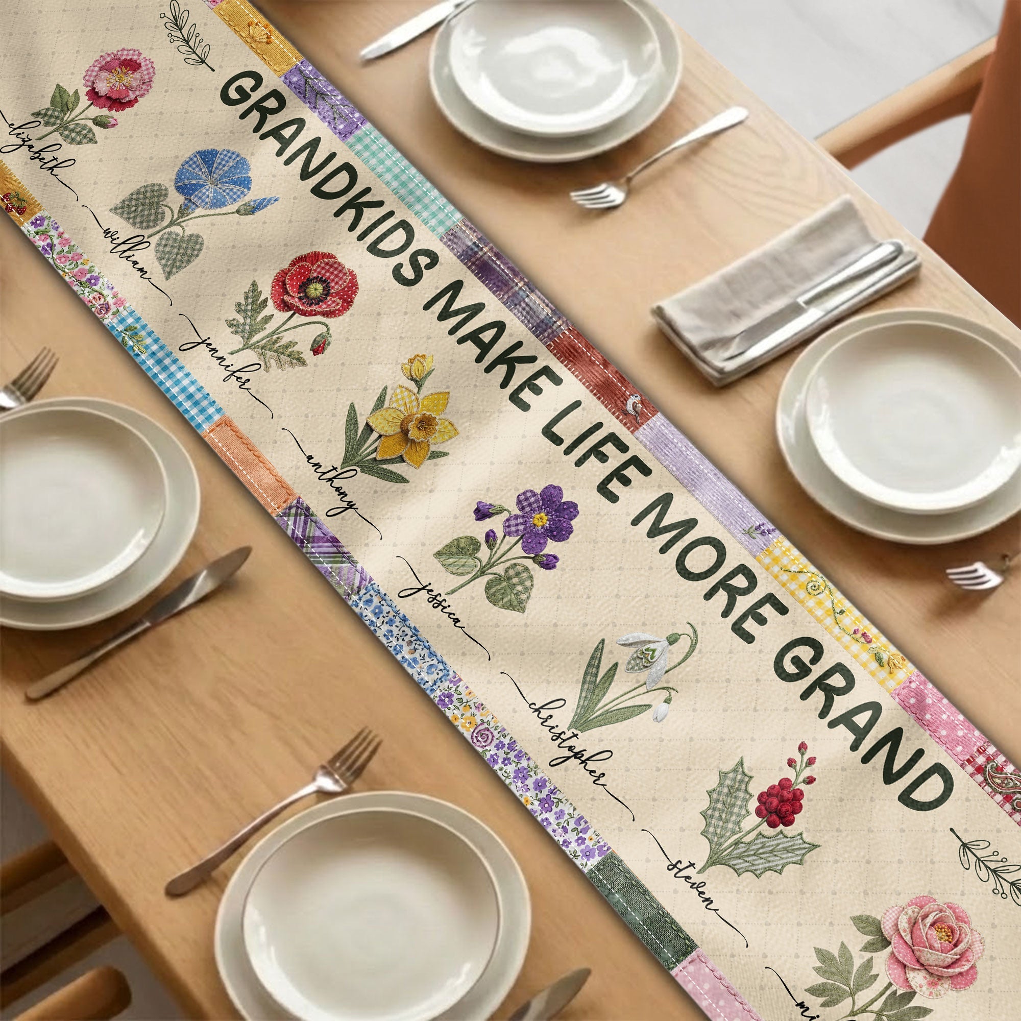 Mother's Day Gifts, Father's Day Gifts, Grandkids Make Life More Grand - Personalized Table Runner