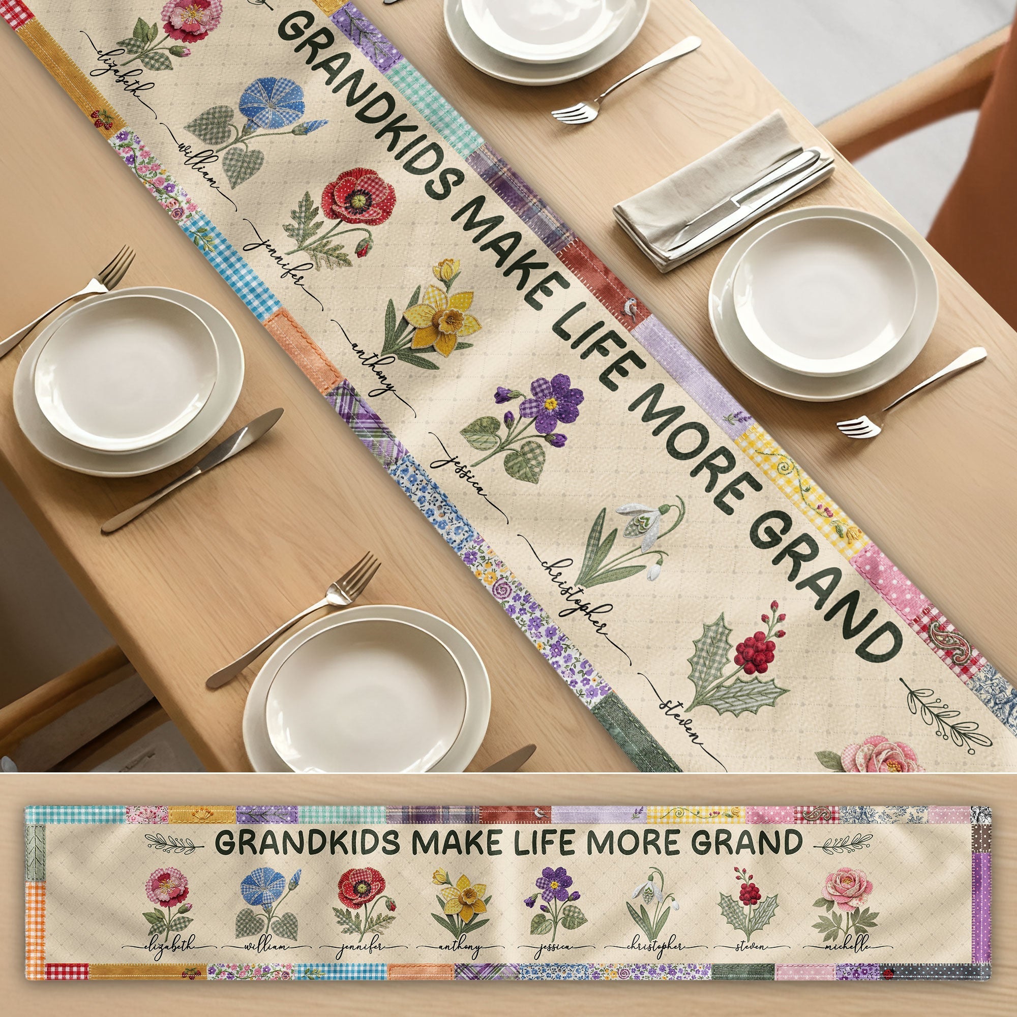 Mother's Day Gifts, Father's Day Gifts, Grandkids Make Life More Grand - Personalized Table Runner