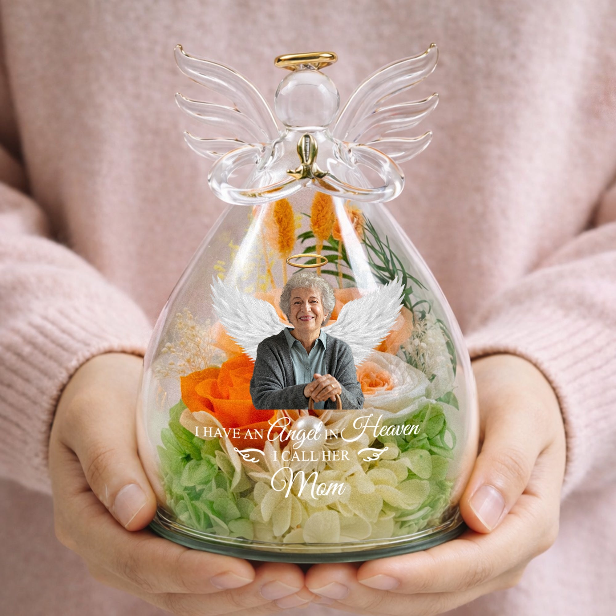 I Have An Angel In Heaven And I Call Her Mom - Personalized Flower In Glass Angel Figurines