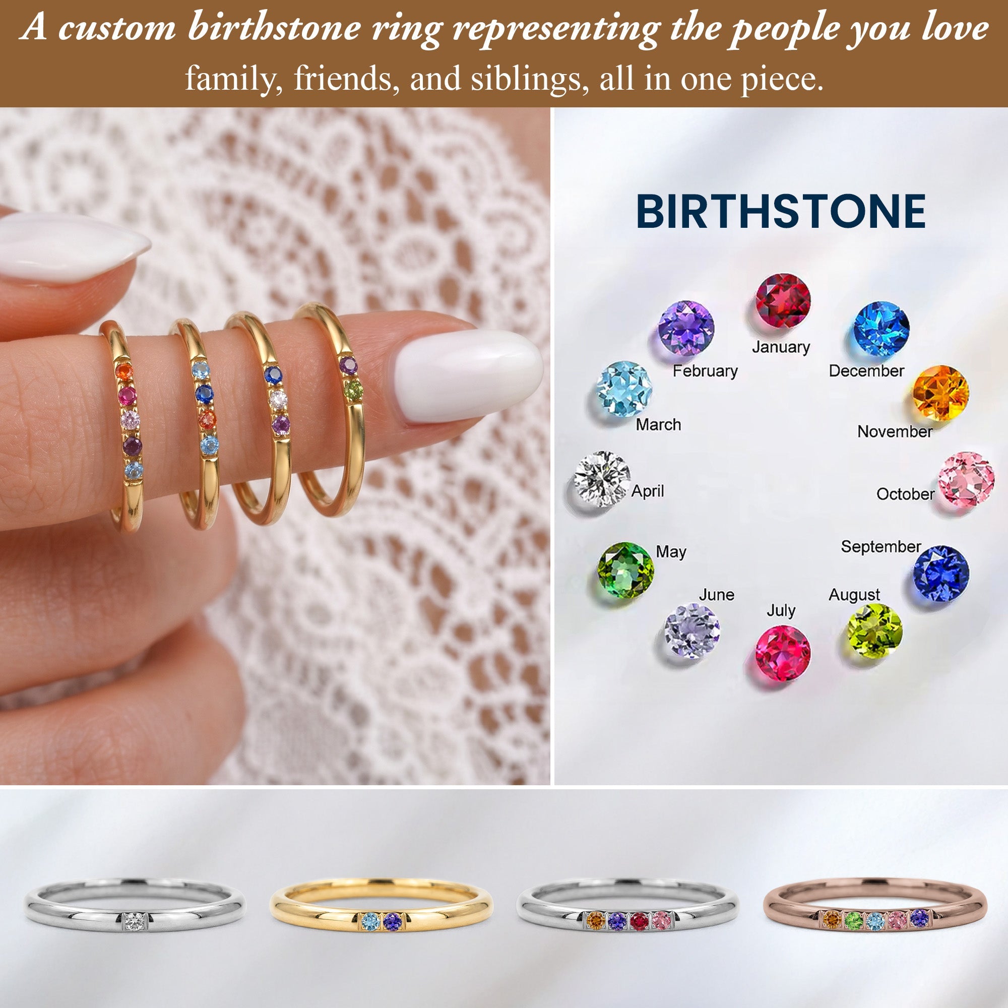 Minimalist Dainty Ring Stackable Ring Custom Birthstones Gift For Her - Personalized Ring