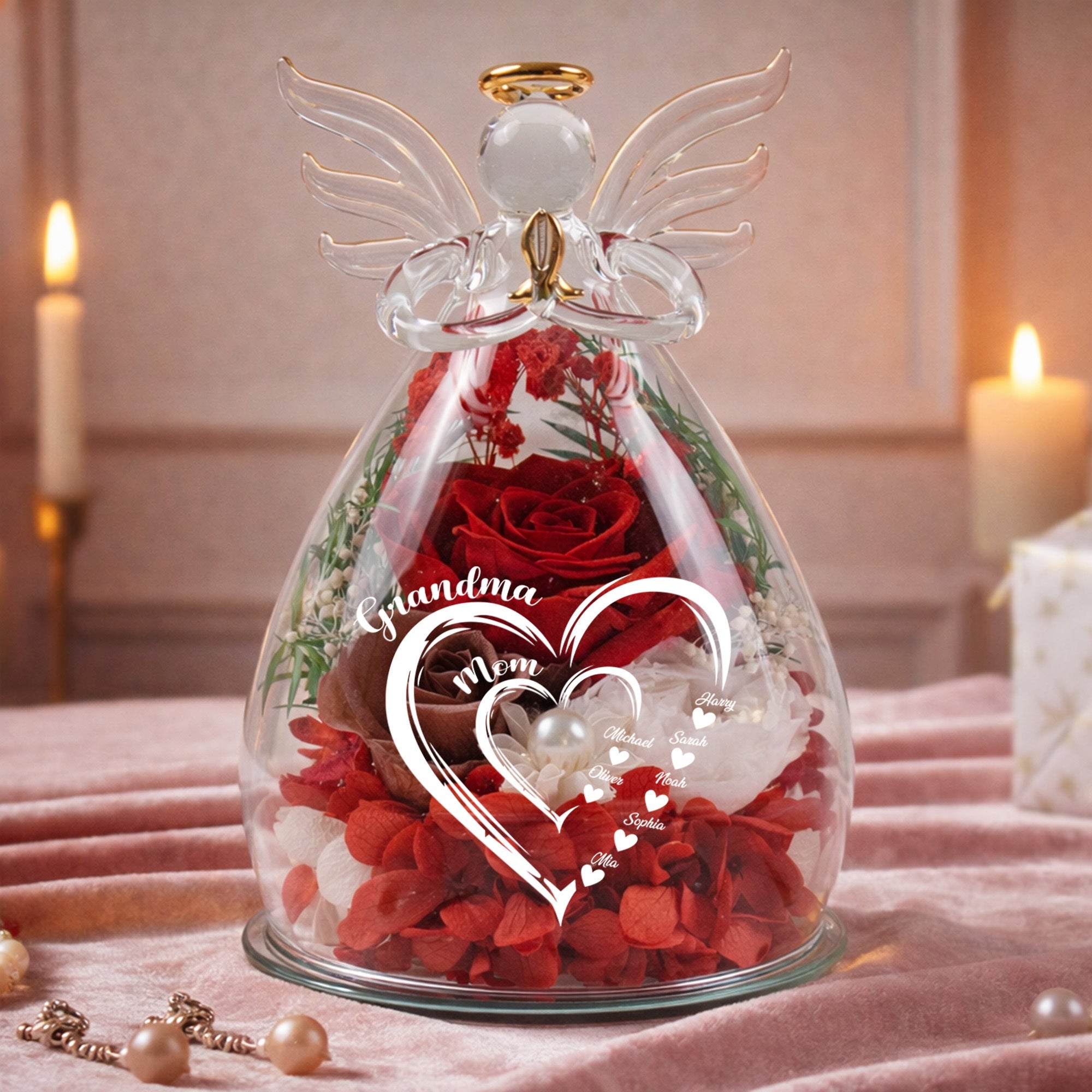 Mother's Day Gifts, Mom Grandma Hearts Custom Kids' Names - Personalized Flower In Glass Angel Figurines