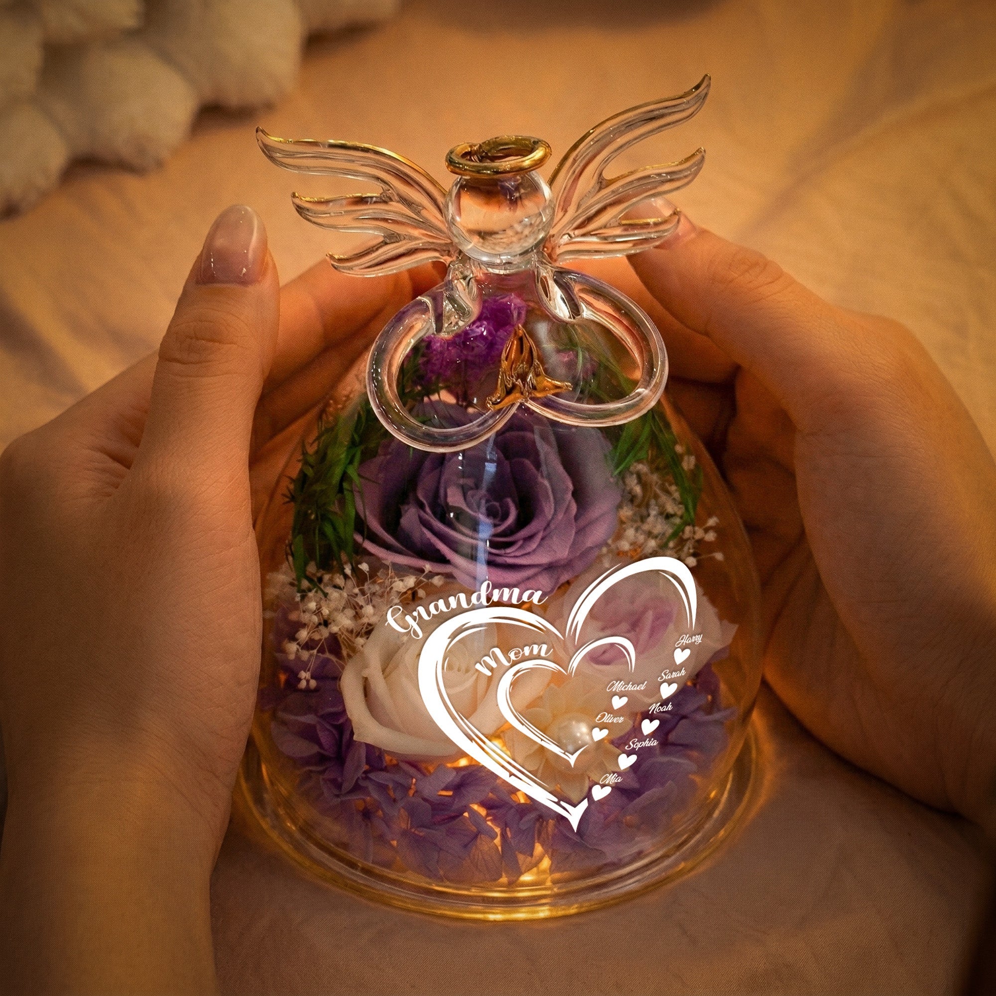 Mother's Day Gifts, Mom Grandma Hearts Custom Kids' Names - Personalized Flower In Glass Angel Figurines