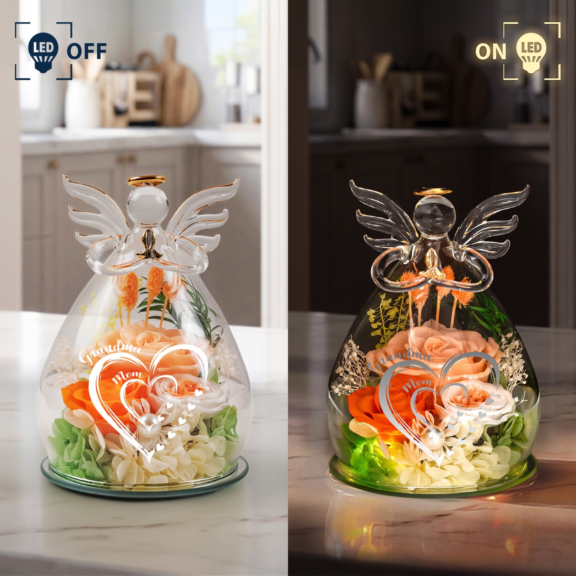Mother's Day Gifts, Mom Grandma Hearts Custom Kids' Names - Personalized Flower In Glass Angel Figurines