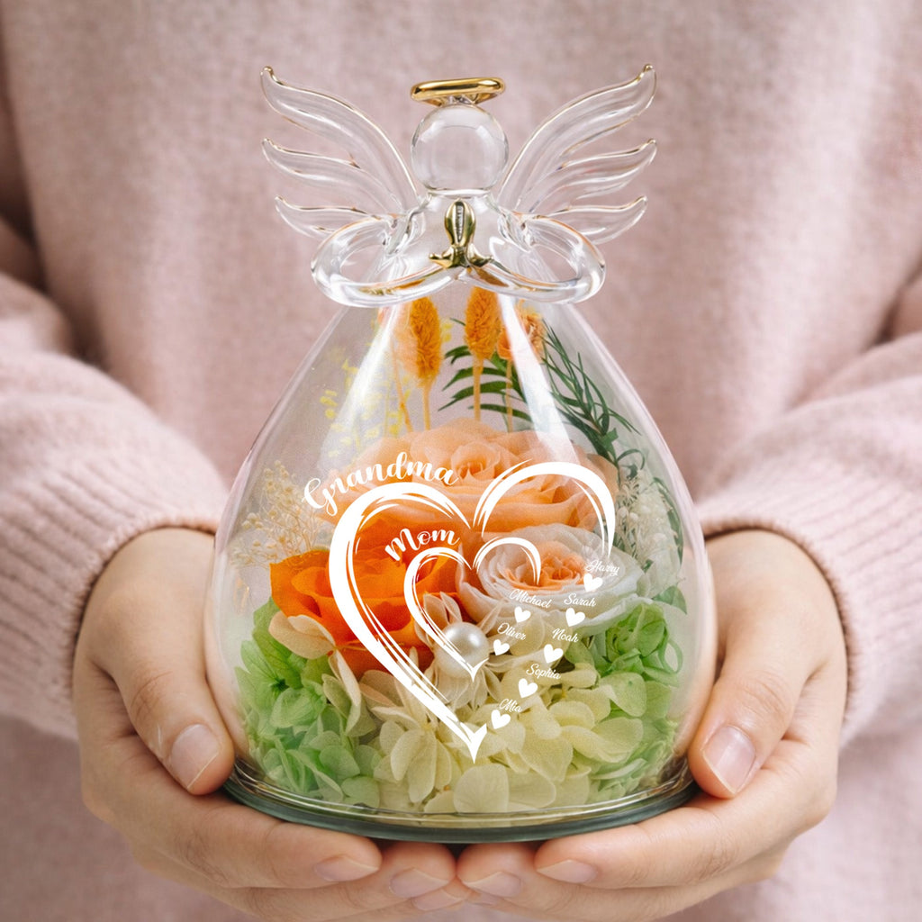 Mother's Day Gifts, Mom Grandma Hearts Custom Kids' Names - Personalized Flower In Glass Angel Figurines