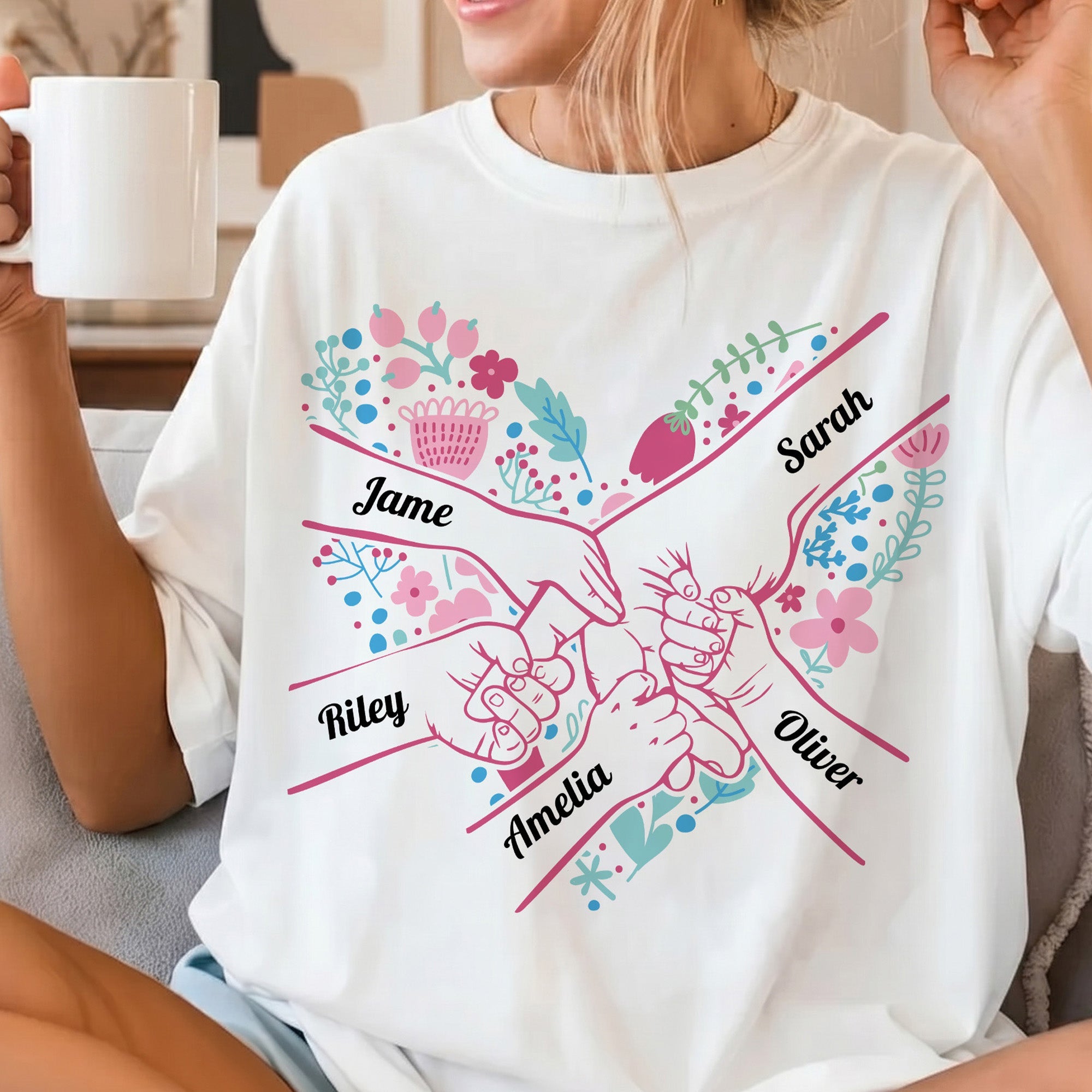 Mother's Day Gifts, Mom Holding Hands Floral Shirt Gift For Mom, Wife, Grandma - Personalized Shirt