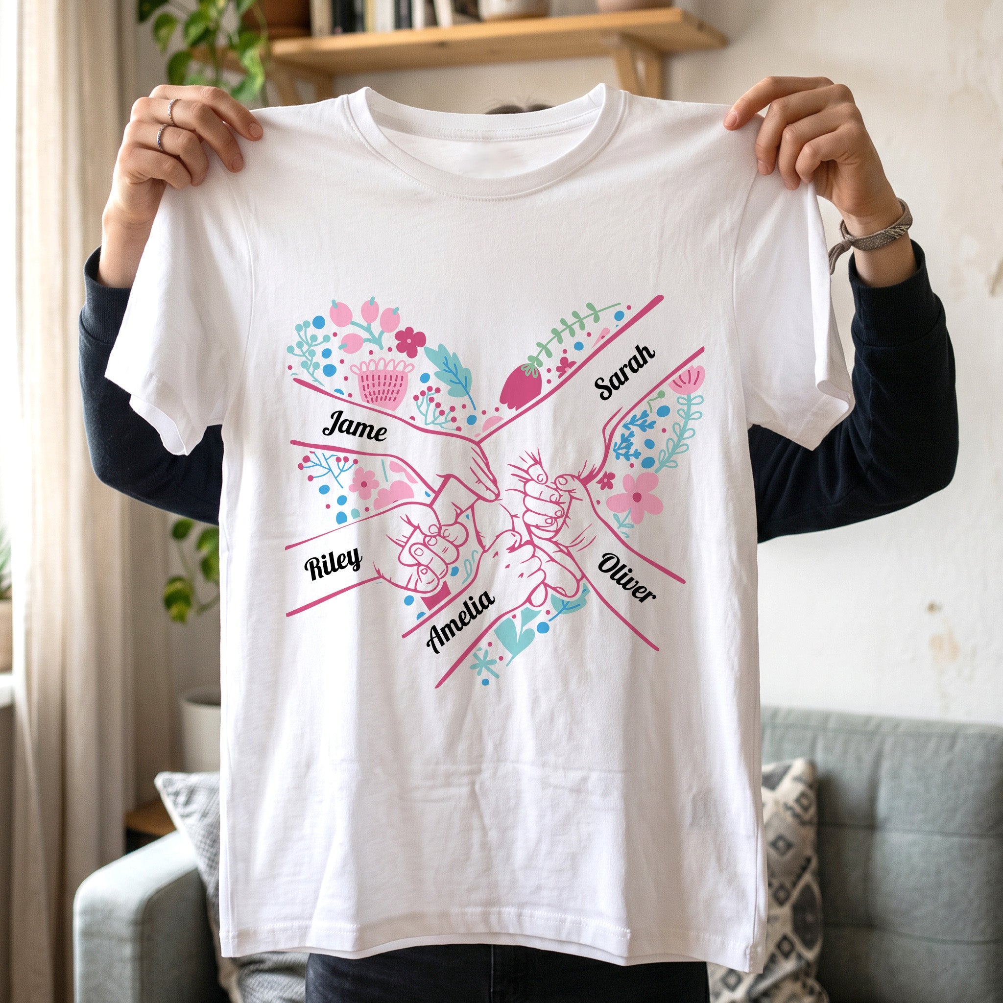 Mother's Day Gifts, Mom Holding Hands Floral Shirt Gift For Mom, Wife, Grandma - Personalized Shirt