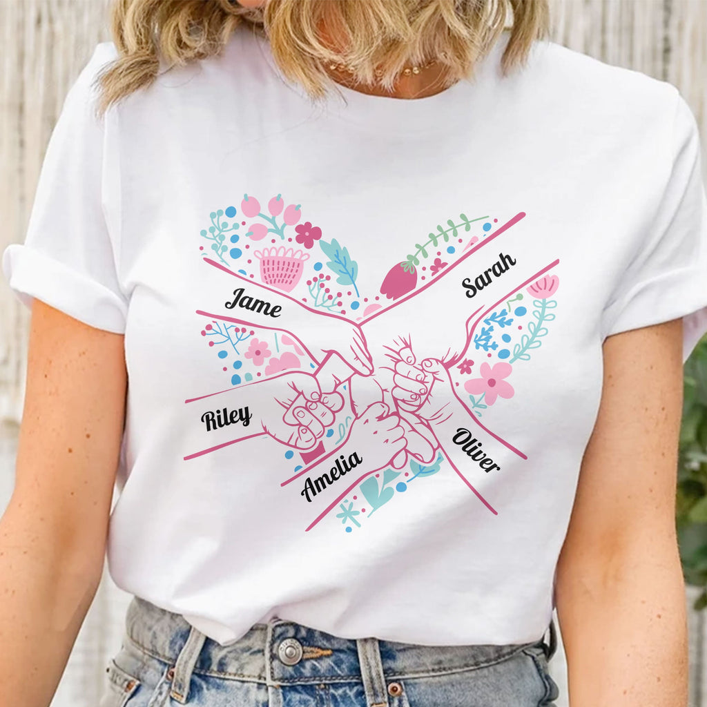 Mother's Day Gifts, Mom Holding Hands Floral Shirt Gift For Mom, Wife, Grandma - Personalized Shirt