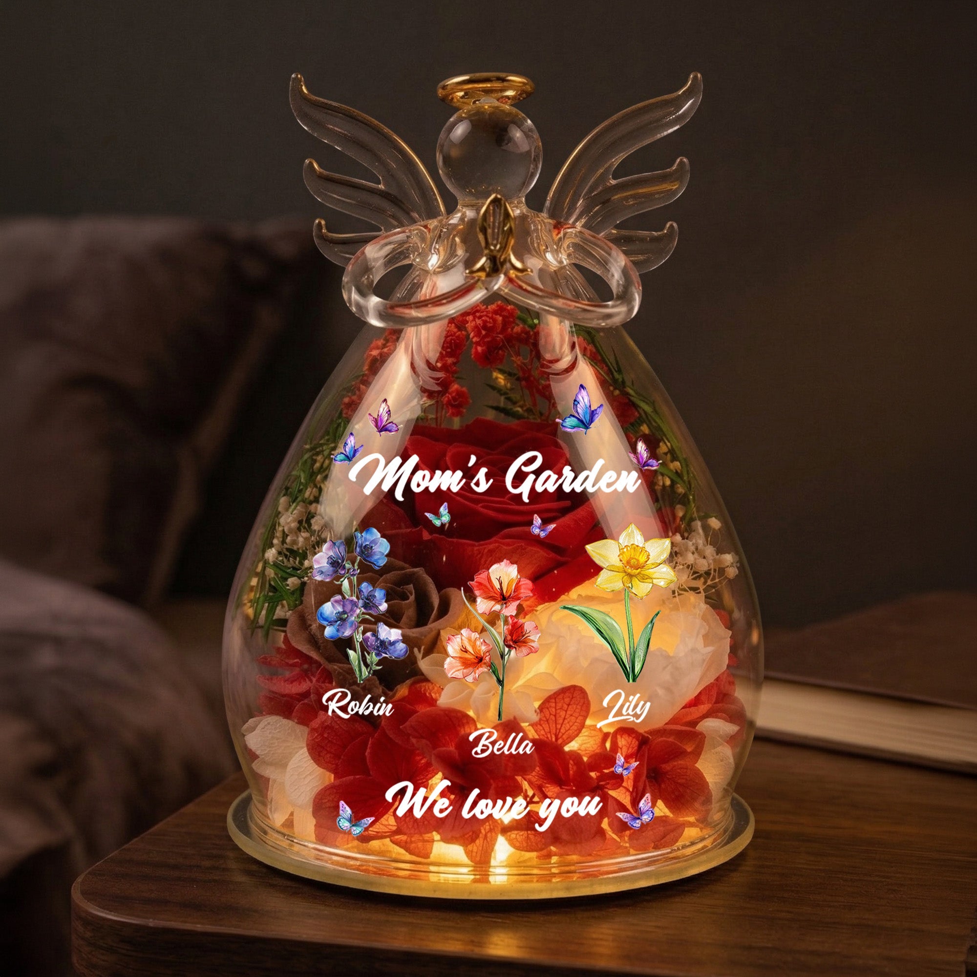 Mother's Day Gifts, Mom's Garden, Grandma's Garden - Custom Kids' Birth Flower - Personalized Flower In Glass Angel Figurines