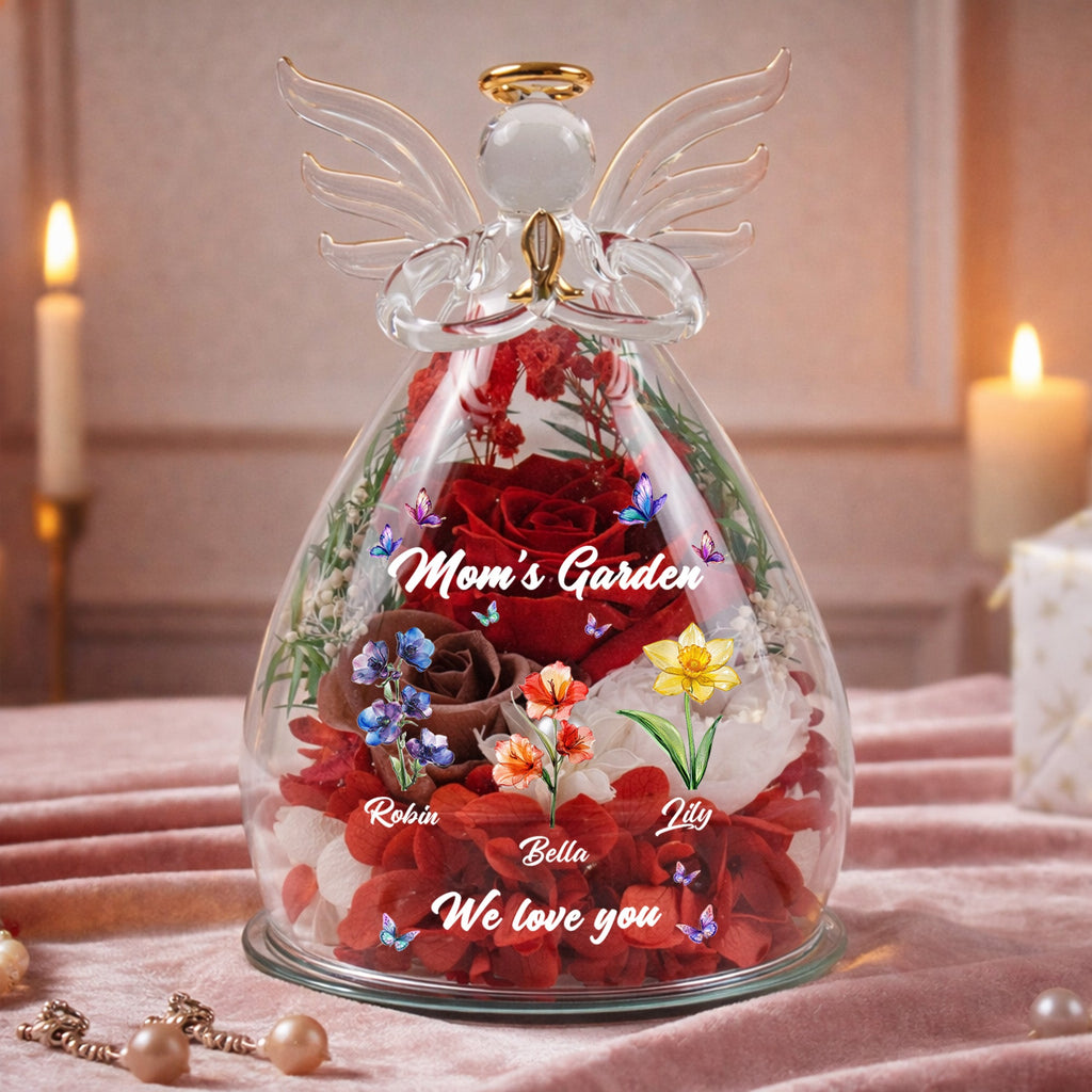 Mother's Day Gifts, Mom's Garden, Grandma's Garden - Custom Kids' Birth Flower - Personalized Flower In Glass Angel Figurines
