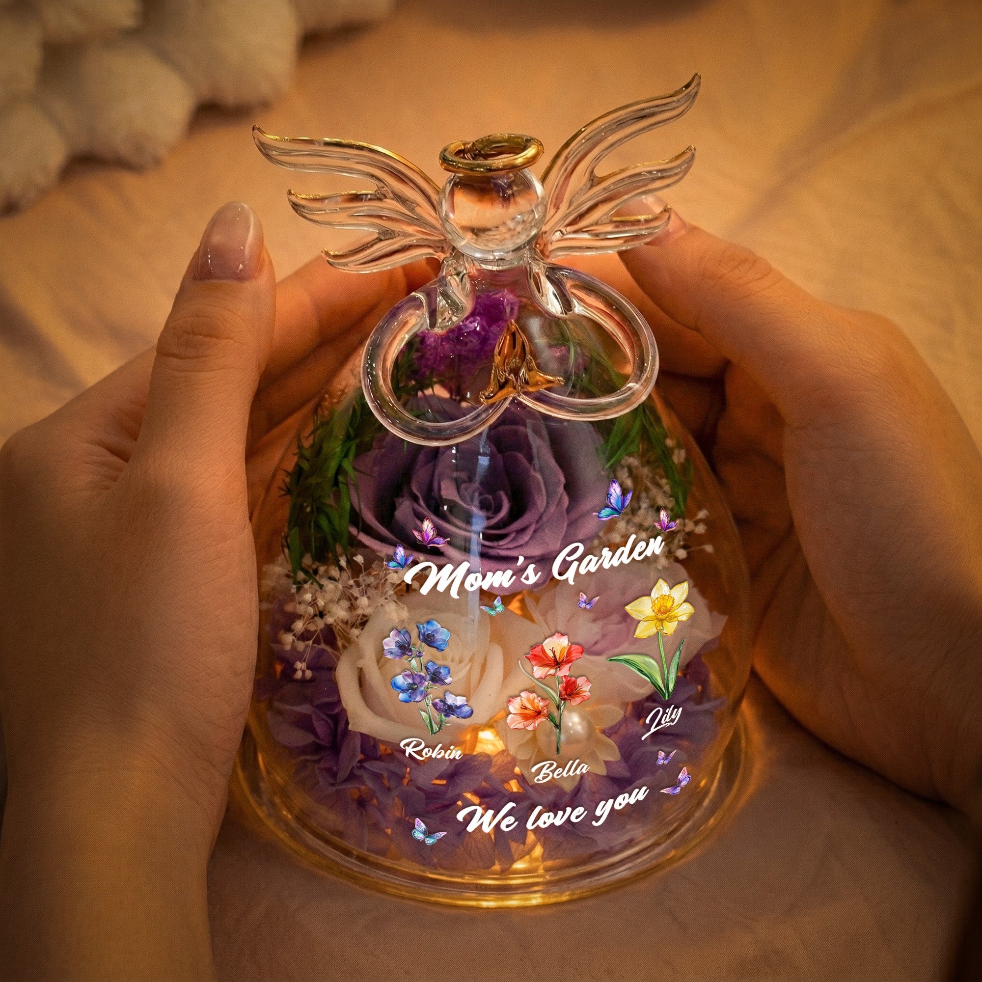 Mother's Day Gifts, Mom's Garden, Grandma's Garden - Custom Kids' Birth Flower - Personalized Flower In Glass Angel Figurines