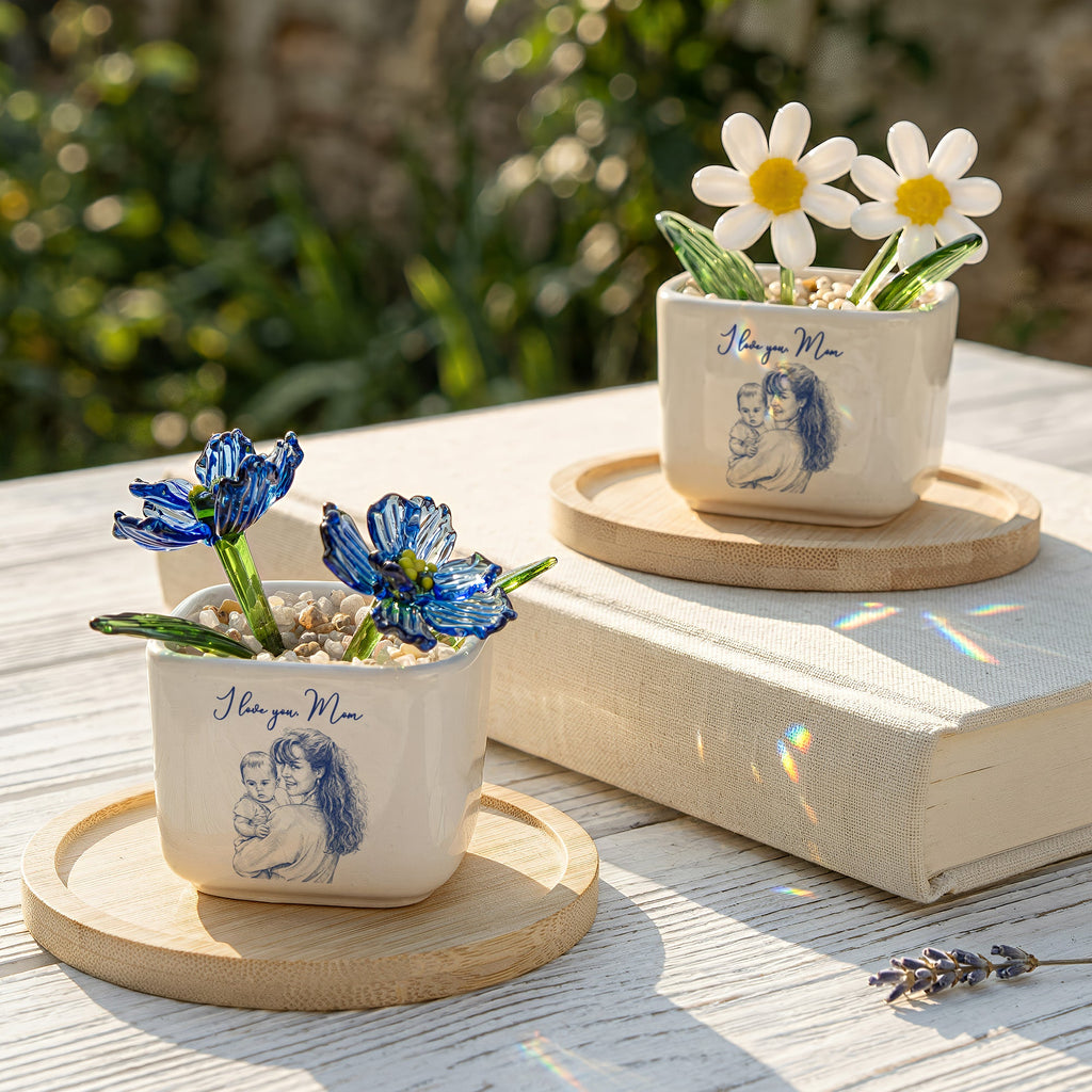 Mother's Day Gifts, Mommy & Me Gift For Mom, Wife, Grandma Custom Glass Birth Flower - Personalized Plant Pot