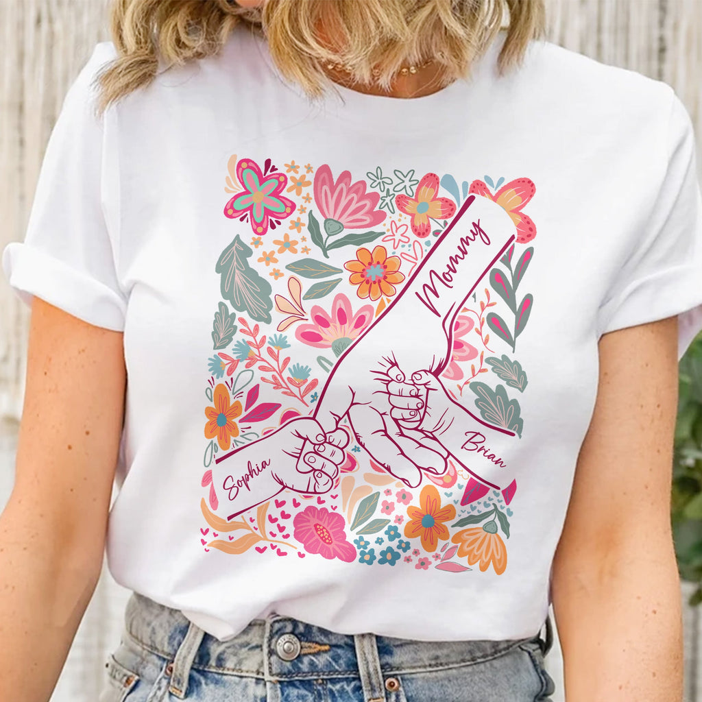 Mother's Day Gifts, Mother & Children Holding Hands Floral Shirt Gift For Mom, Wife, Grandma - Personalized Shirt