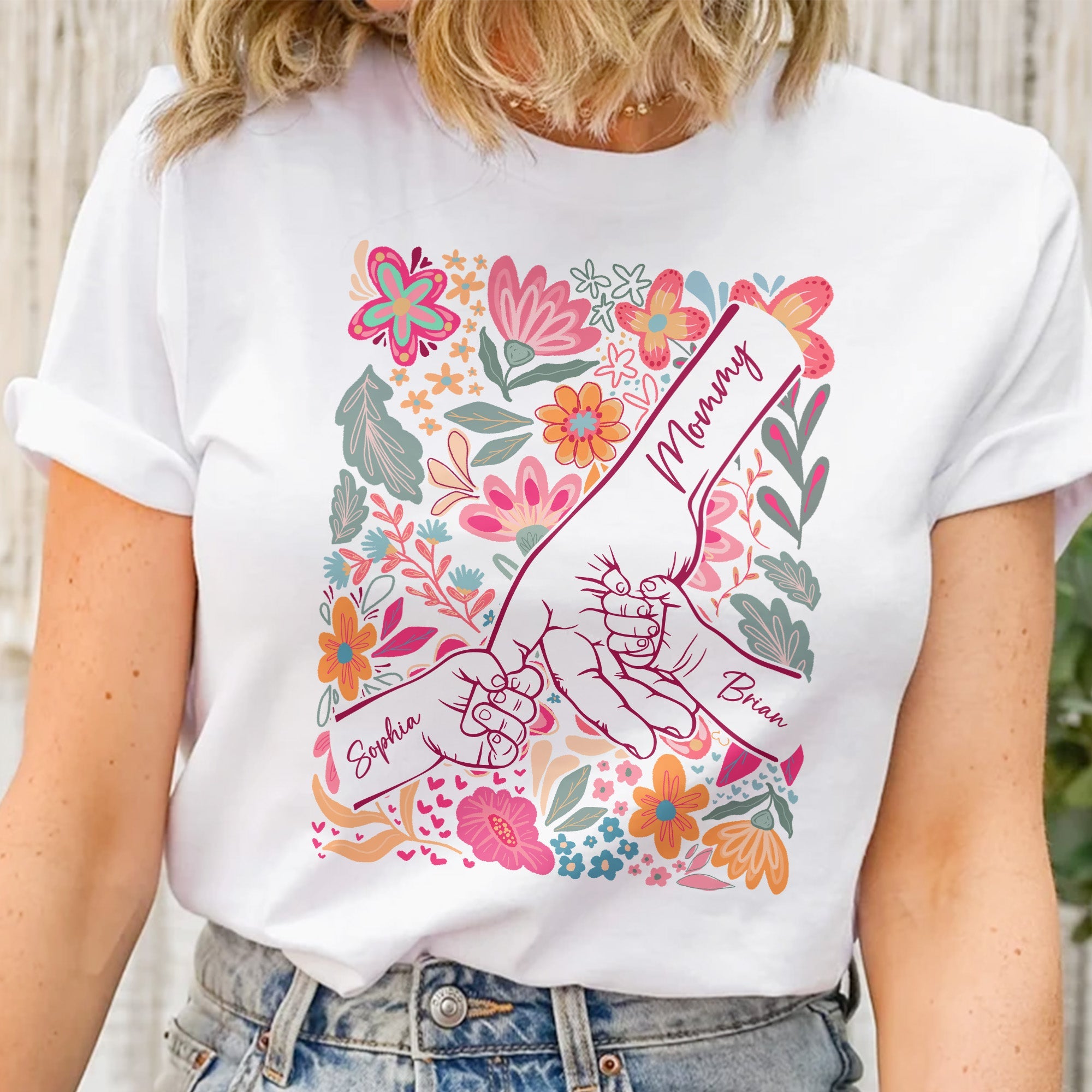 Mother's Day Gifts, Mother & Children Holding Hands Floral Shirt Gift For Mom, Wife, Grandma - Personalized Shirt