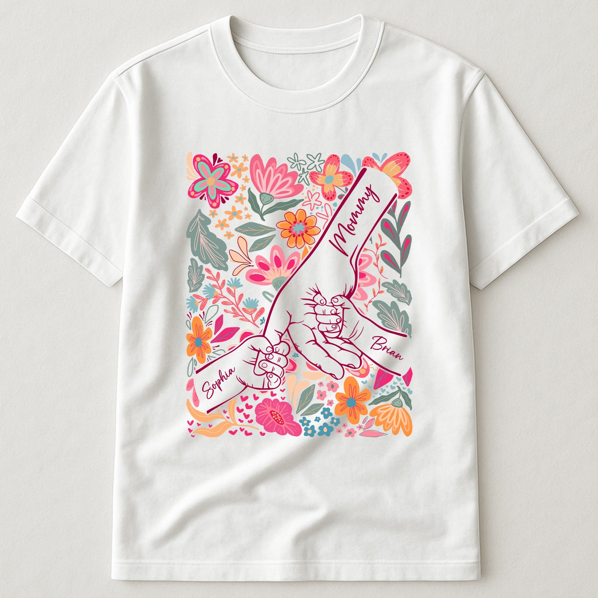 Mother's Day Gifts, Mother & Children Holding Hands Floral Shirt Gift For Mom, Wife, Grandma - Personalized Shirt