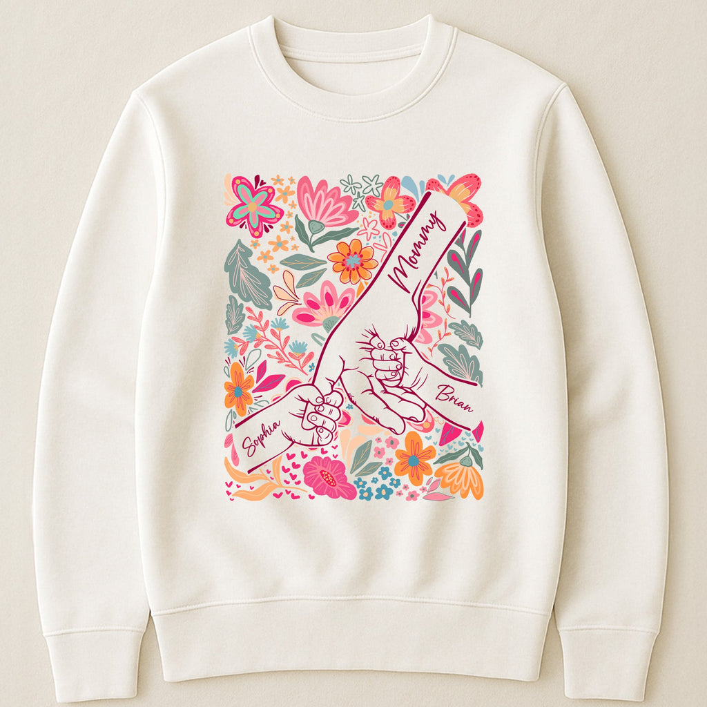 Mother's Day Gifts, Mother & Children Holding Hands Floral Shirt Gift For Mom, Wife, Grandma - Personalized Shirt