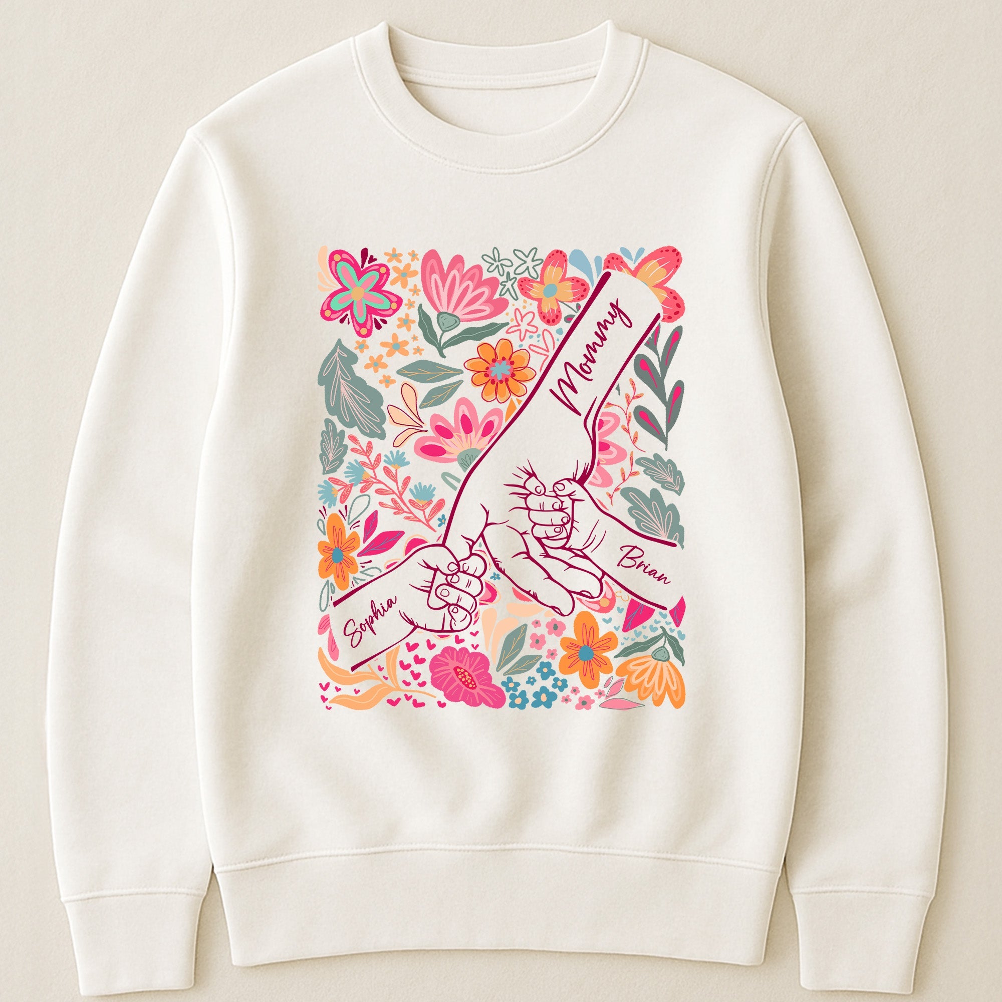Mother's Day Gifts, Mother & Children Holding Hands Floral Shirt Gift For Mom, Wife, Grandma - Personalized Shirt