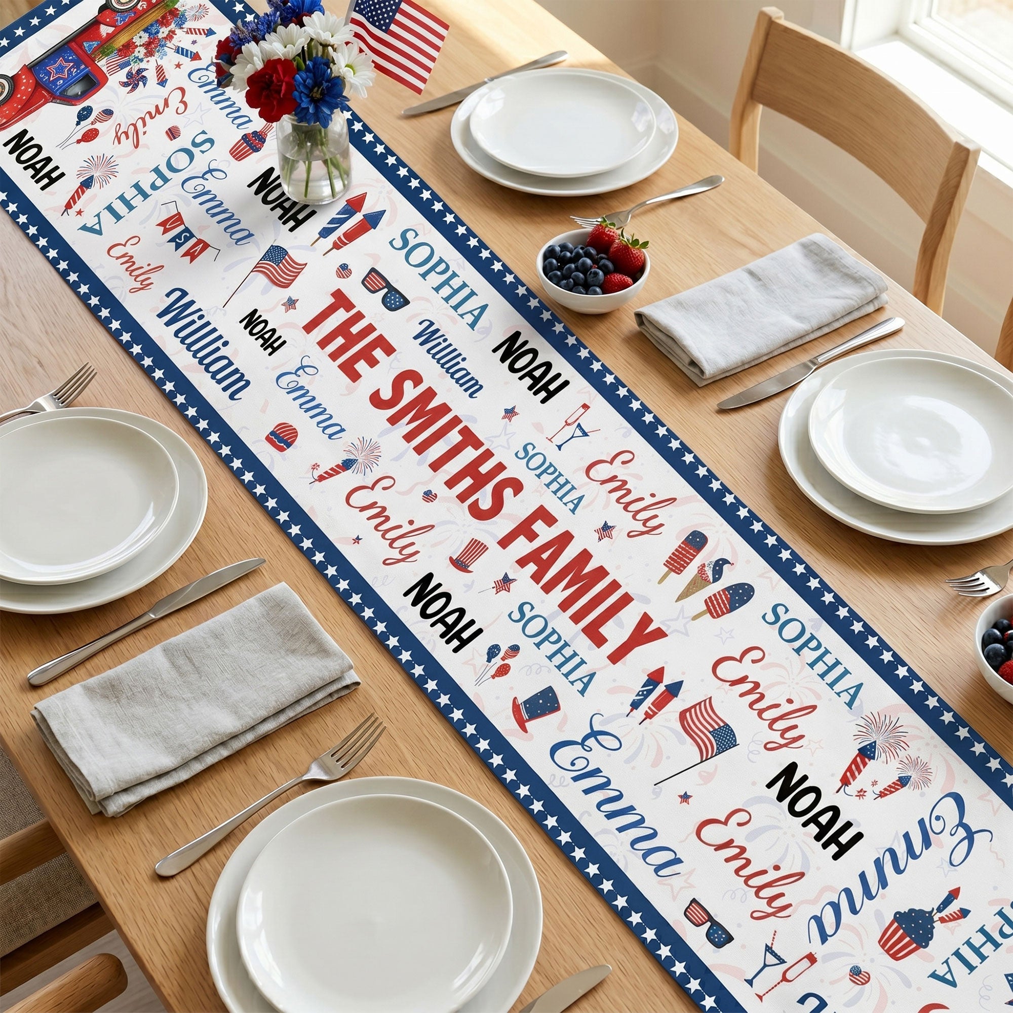 Patriotic Family Repeating Names USA 250th Anniversary - Personalized Table Runner